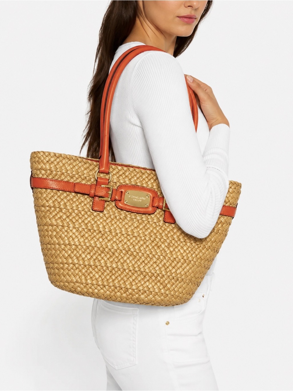 Auth NEW Michael Kors straw wicker Raffia Reed straw Tote Bag burnt Orange Tan